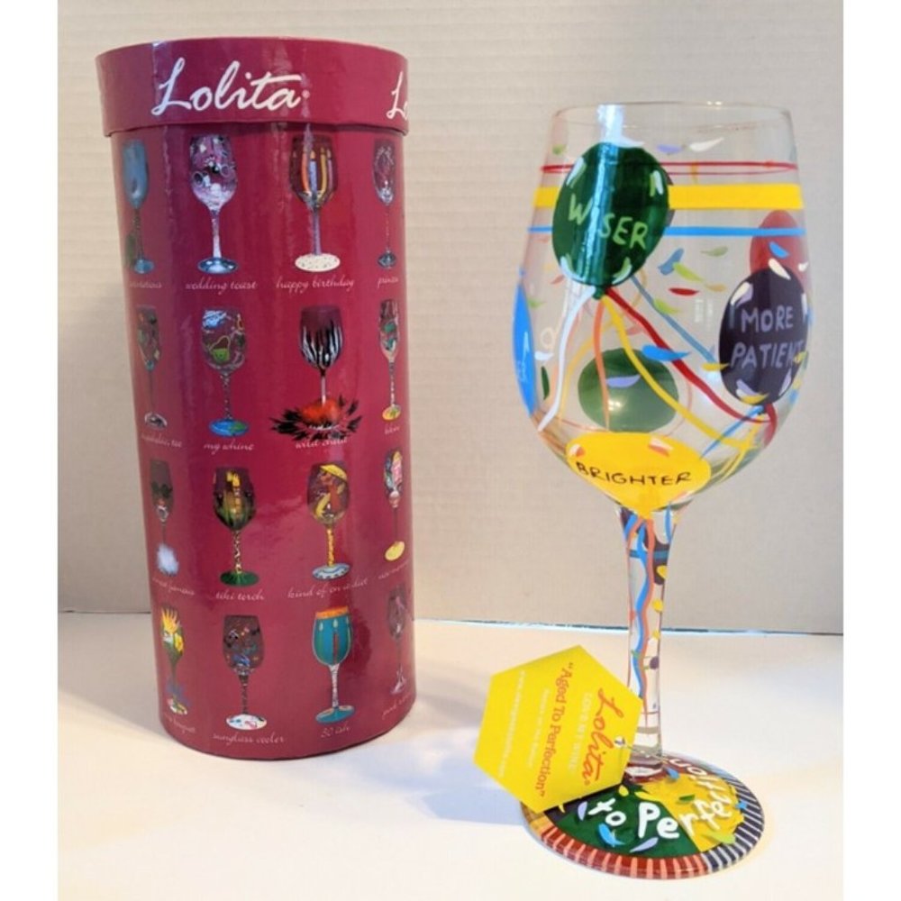 LOLITA Birthday Wine Glass Hand Painted "Aged To Perfection" Gift Box Recipe Fun